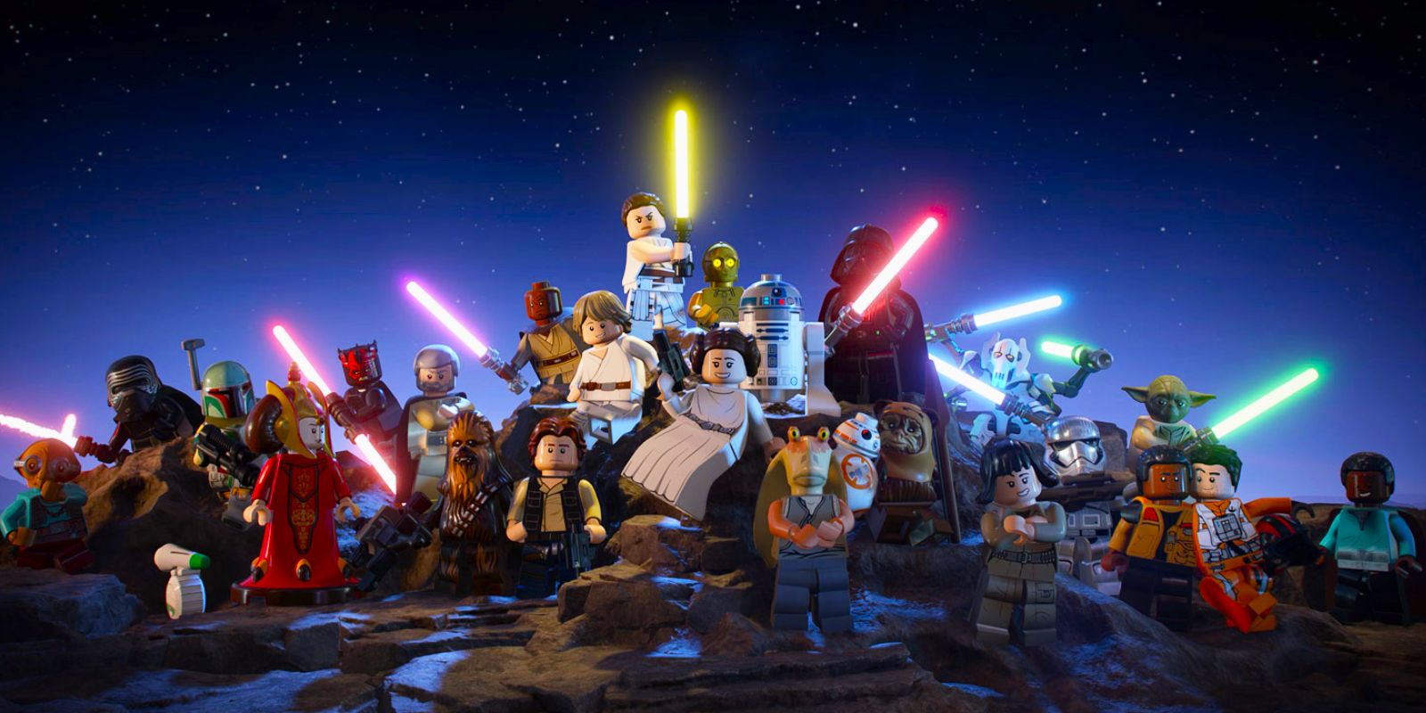 Lusinan minifigures LEGO Star Wars, berpose dalam gambar promosi untuk The Skywalker Saga.