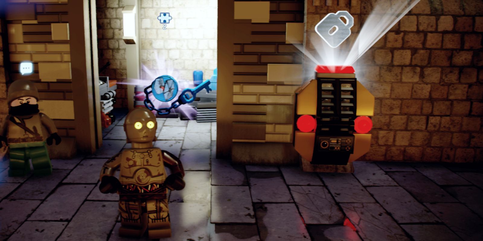 C3P0 standing next to a LEGO guard in Canto Bight in LEGO Star Wars 