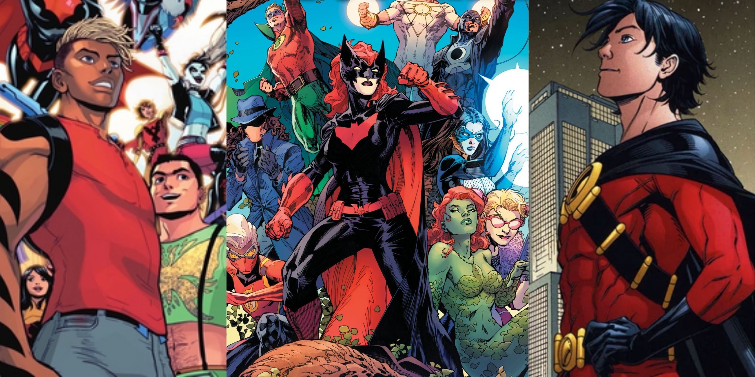 LGBTQ+ charactres in DC comics: Aqualad in Justice League Queer, Batwoman on PRIDE cover, and Robin