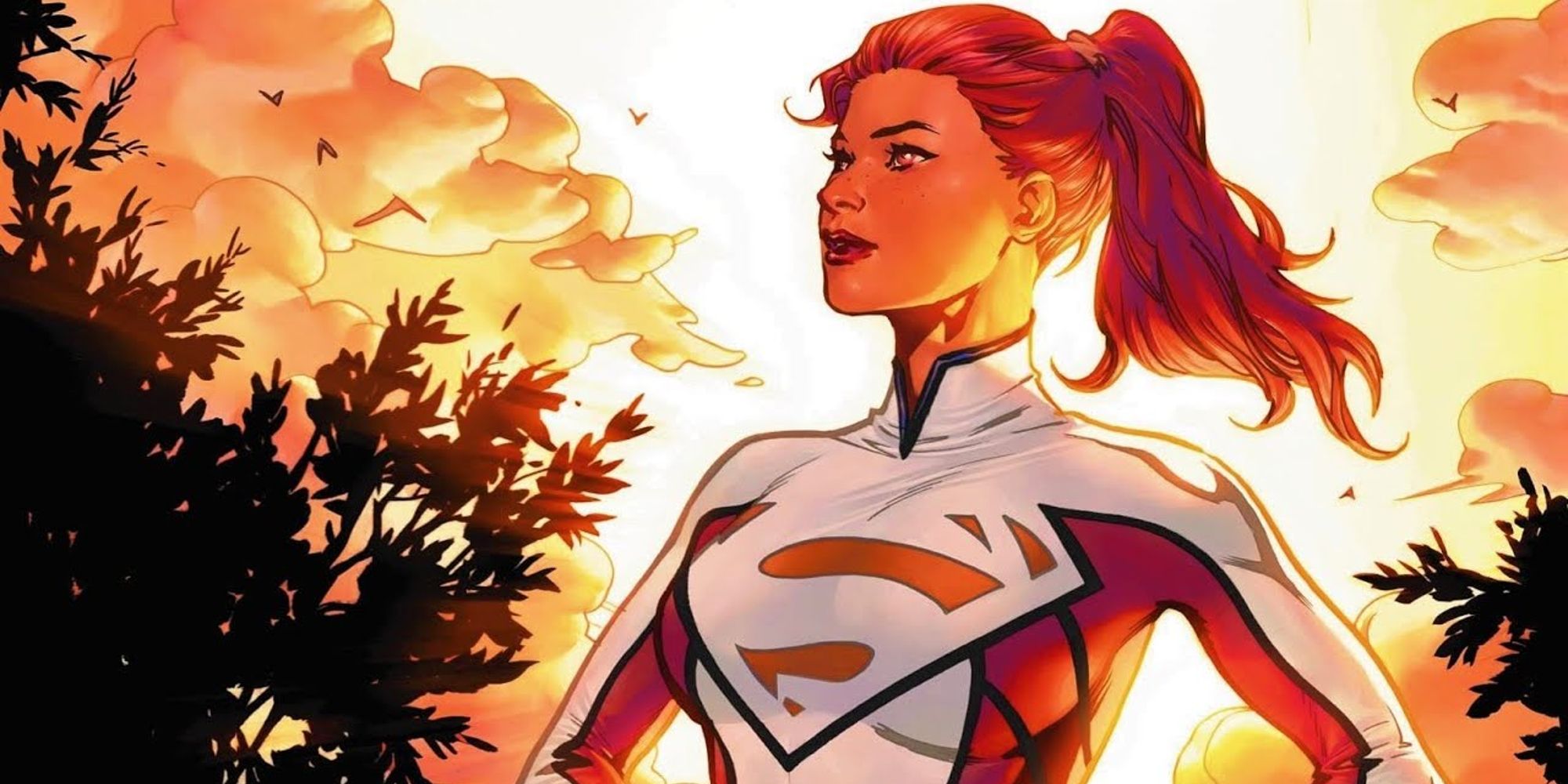 Lana Lang as Superwoman in front of the rising sun in DC comics