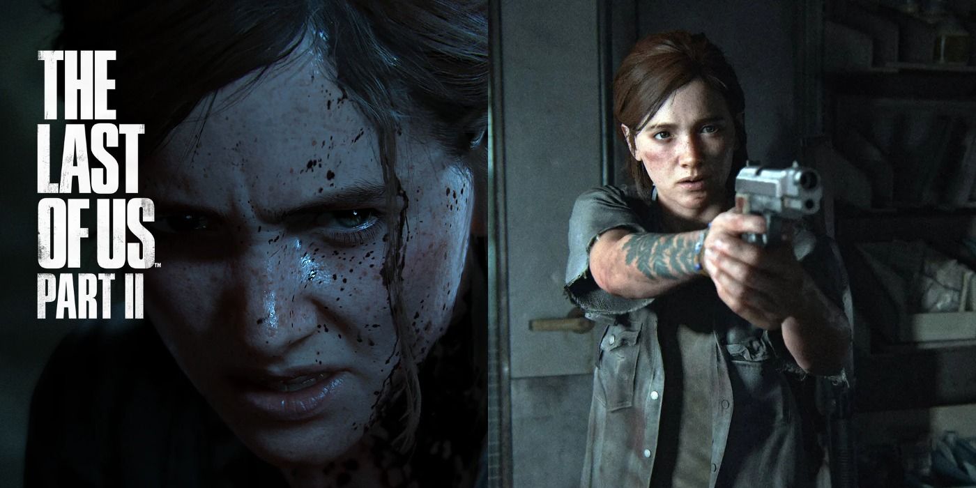Split image of Ellie on the cover of TLoU II and aiming her gun