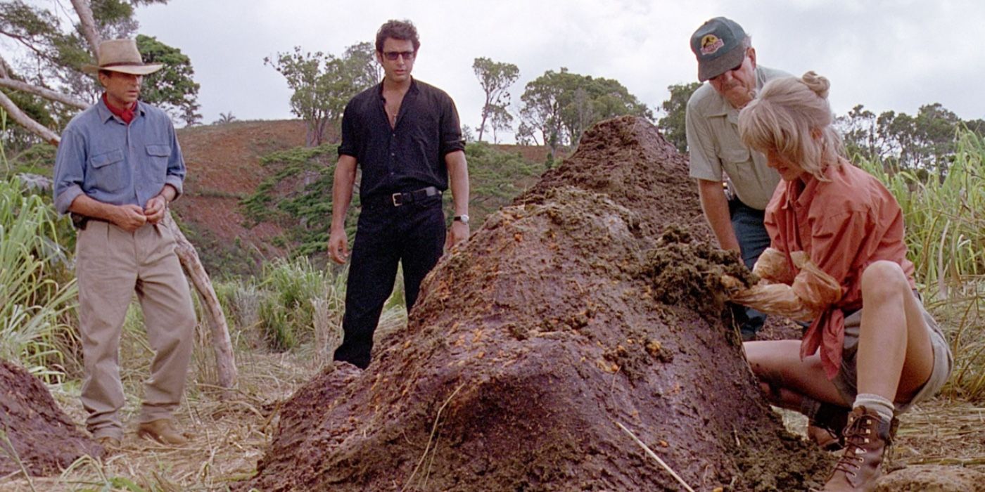 Everyone examining dino poo in Jurassic Park