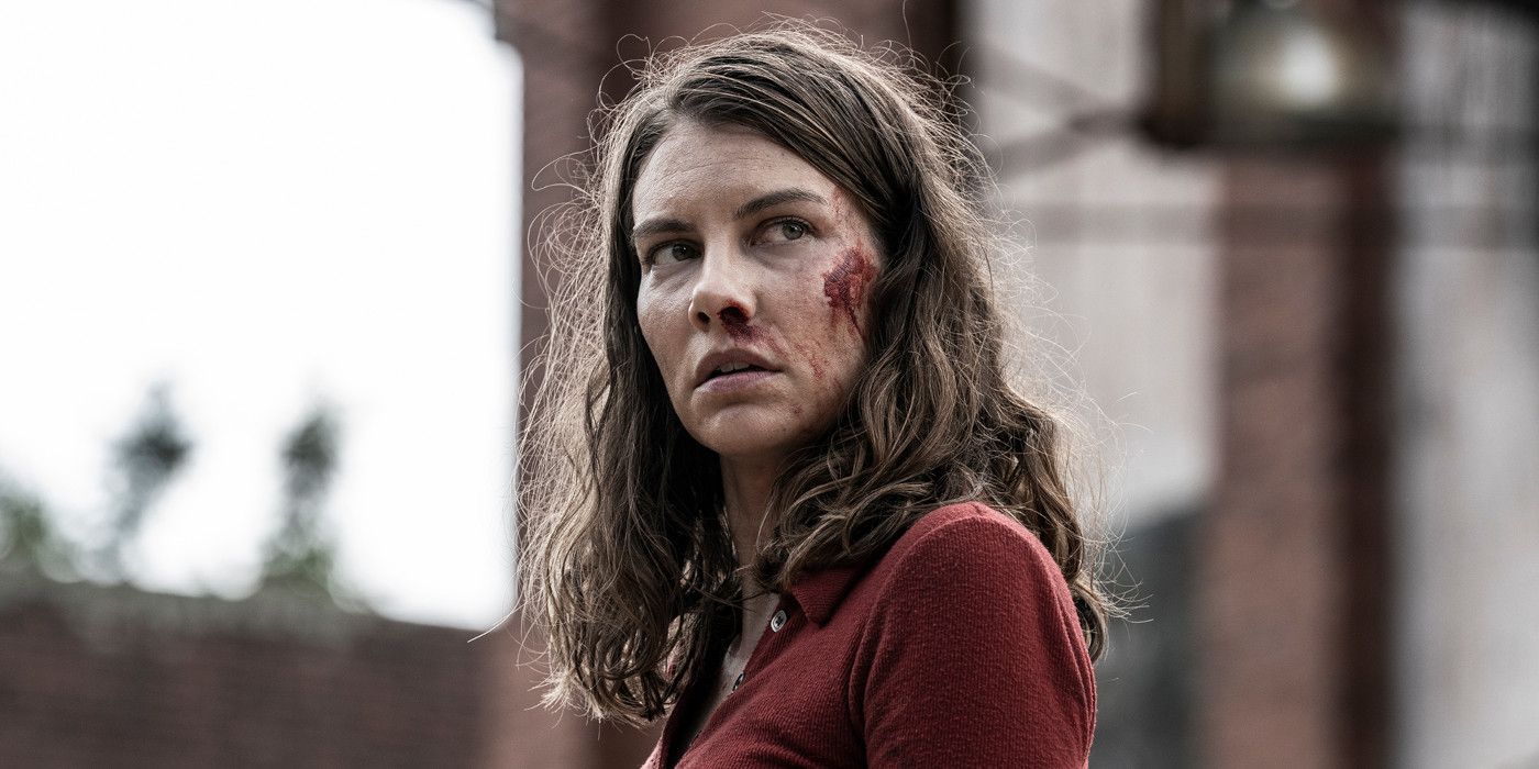 Lauren Cohan as Maggie in The Walking Dead, bloodied and looking defiant.
