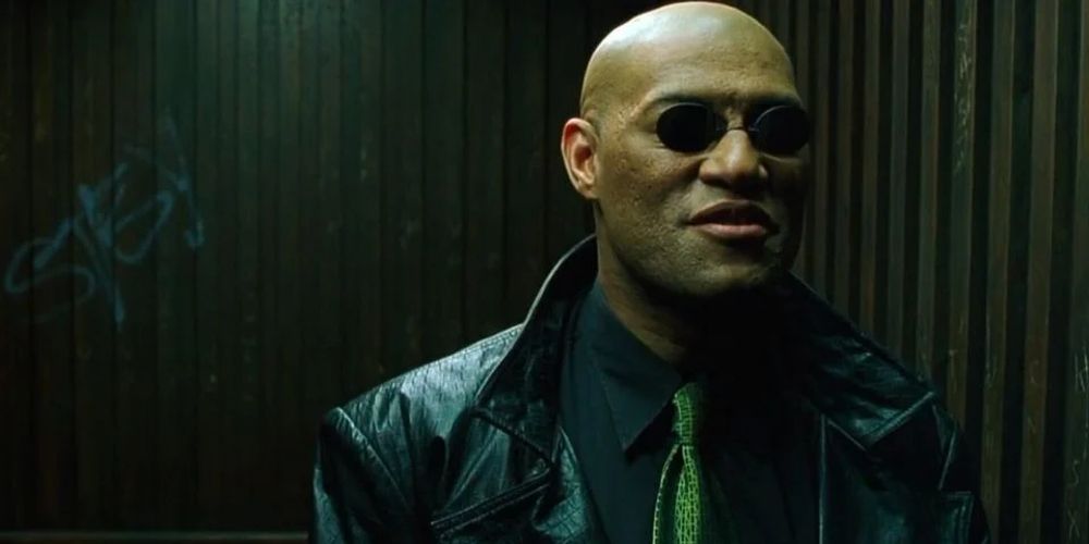Morpheus wears a high collared jacket in The Matrix
