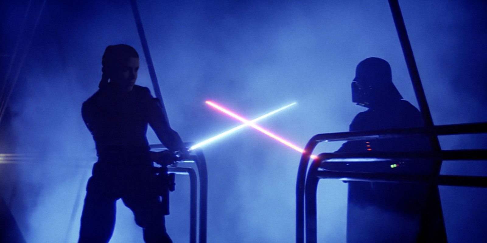 Leia Skywalker in a lightsaber duel against Darth Vader.