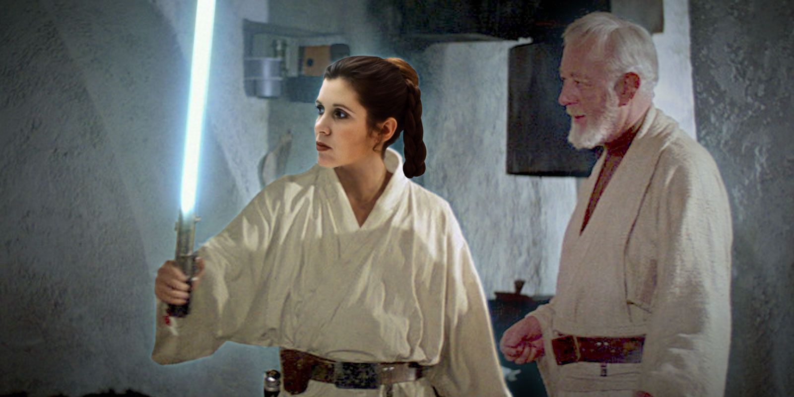 Leia Skywalker recebendo o sabre de luz de Anakin de Obi-Wan Kenobi.
