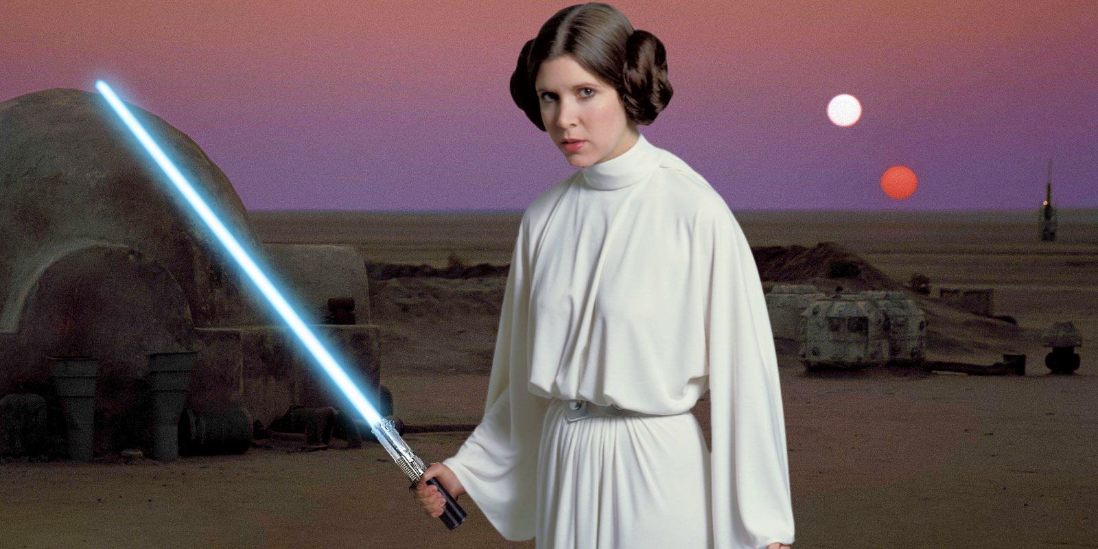 Leia Skywalker on Tatooine, wielding a lightsaber.