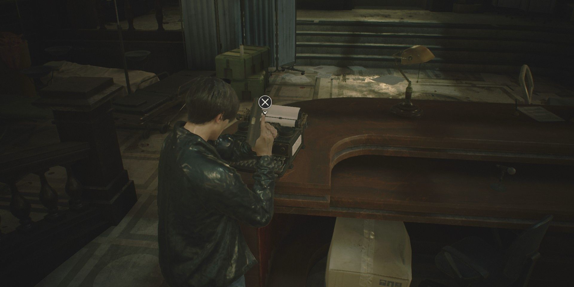 Leon next to a typewriter in Resident Evil 2 