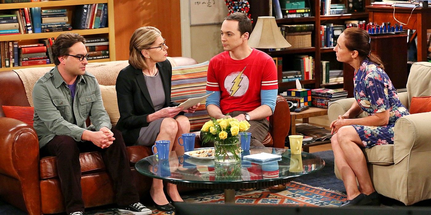 Leonard, Sheldon, Beverly and Mary sitting in the living room in The Big Bang Theory