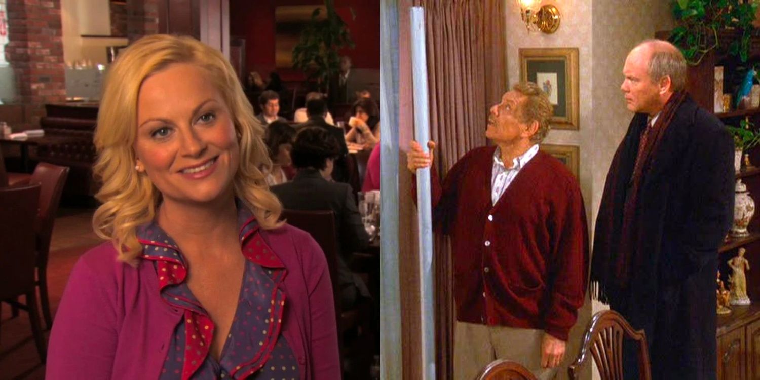 Leslie on Galentine&#8217;s Day on Parks and Recreation and Frank with the Festivus Pole in Seinfeld