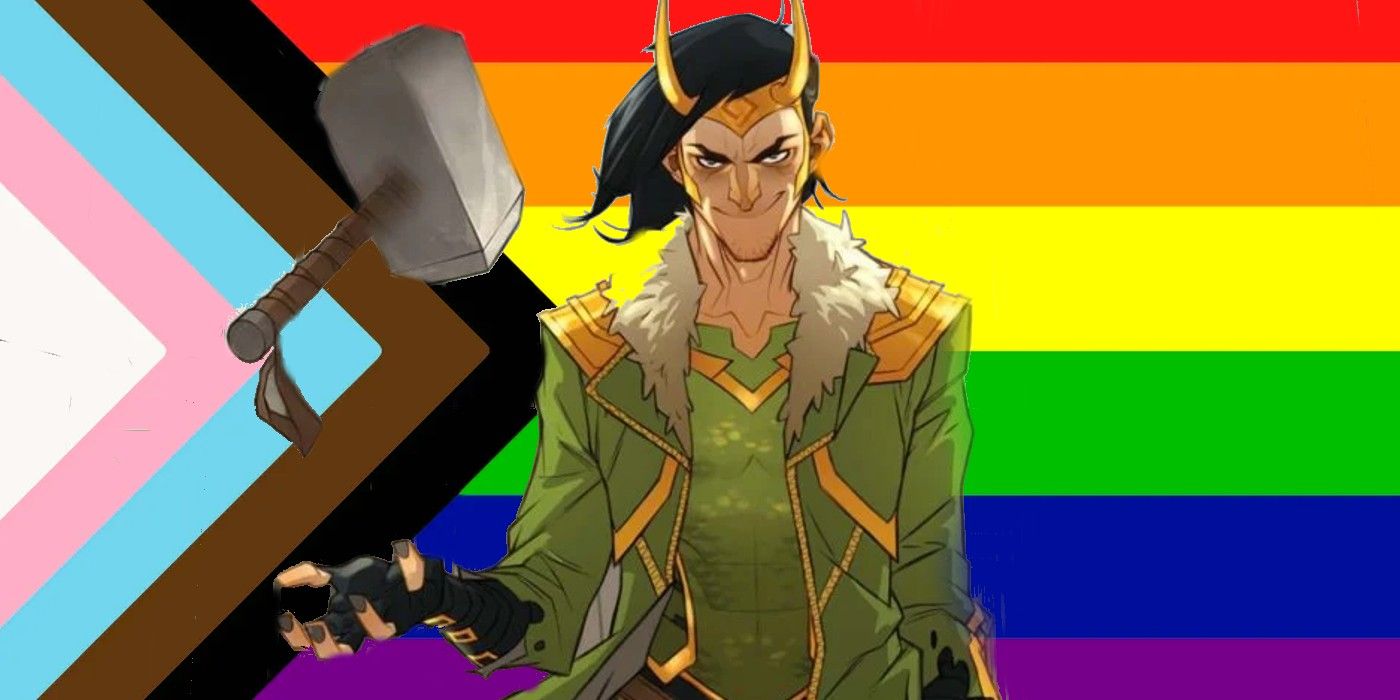 Loki from Marvel Comics in front of an LGBTQ Pride flag.