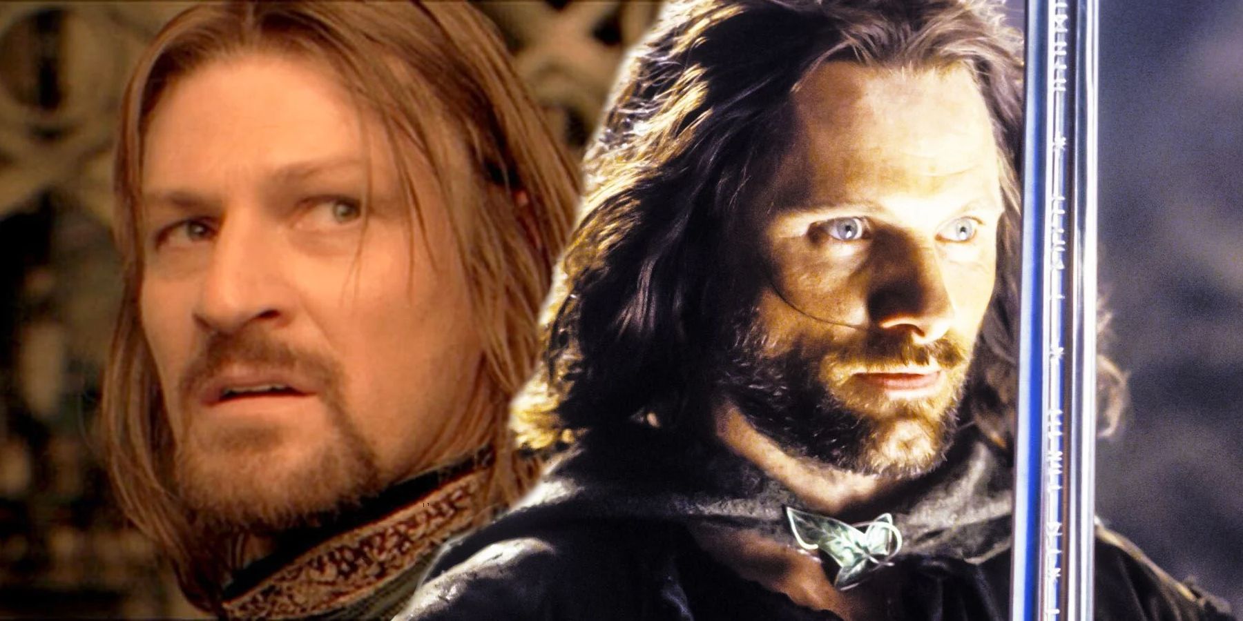 Blended image of Boromir looking over shoulder and Aragorn with sword in Lord of The Rings