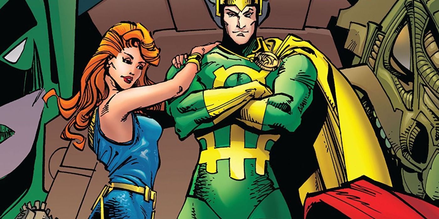 Lorelei rests her arms on Lokis shoulder in Marvel Comics.