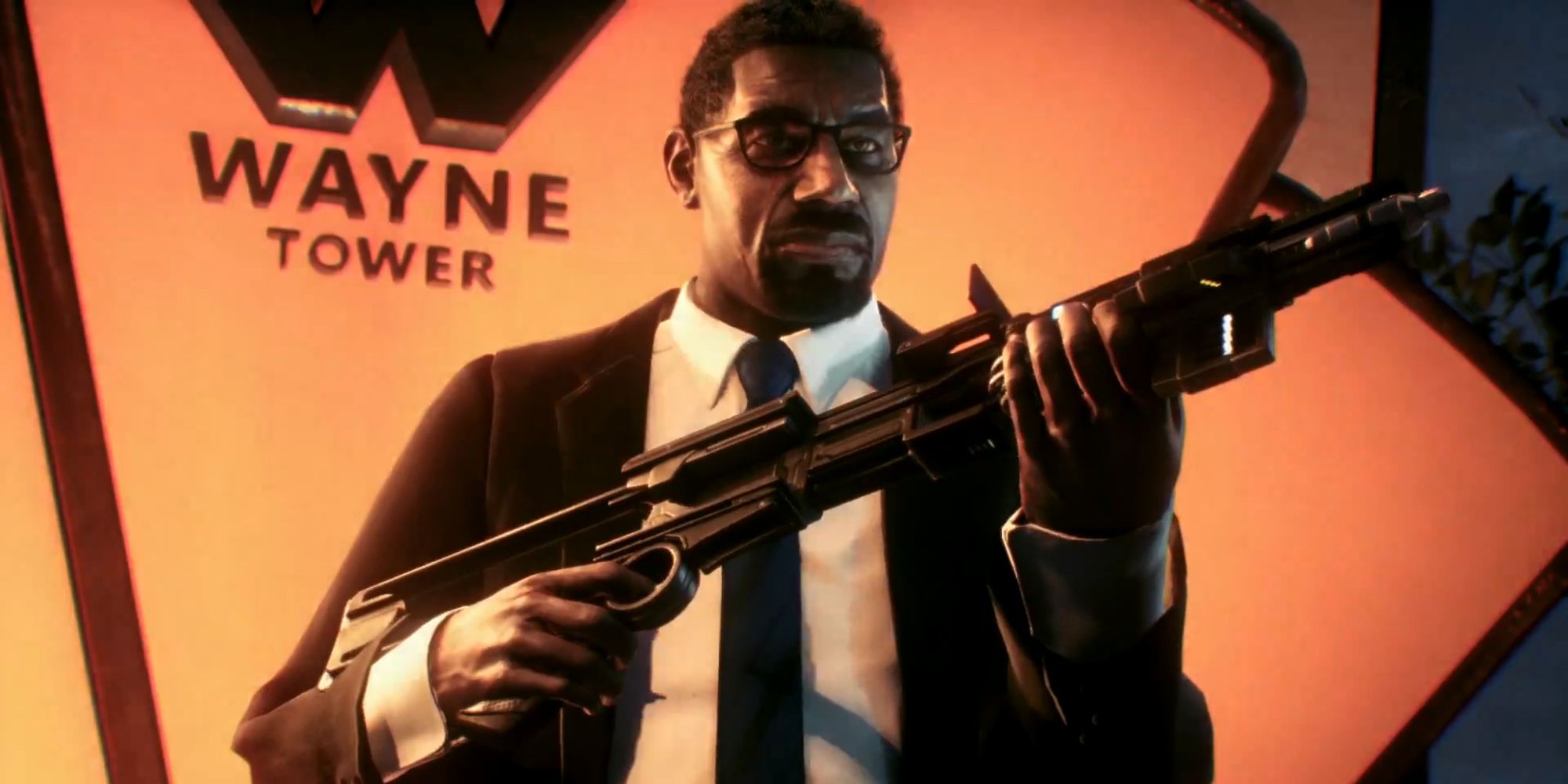 Lucius Fox wielding the disruptor gun inside Wayne Tower in Batman Arkham Knight