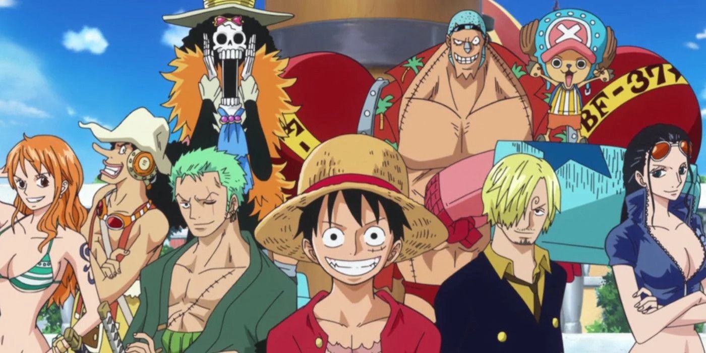 Luffy leading his band of Straw Hat Pirates in the One Piece anime