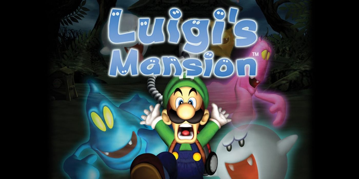 A frightened Luigi with ghosts behind him in Luigi's Mansion cover art.