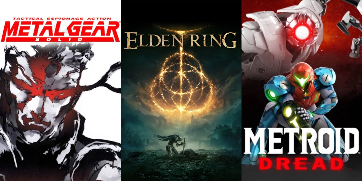 Split image of Metal Gear Solid, Elden Ring, and Metroid Dread promo art