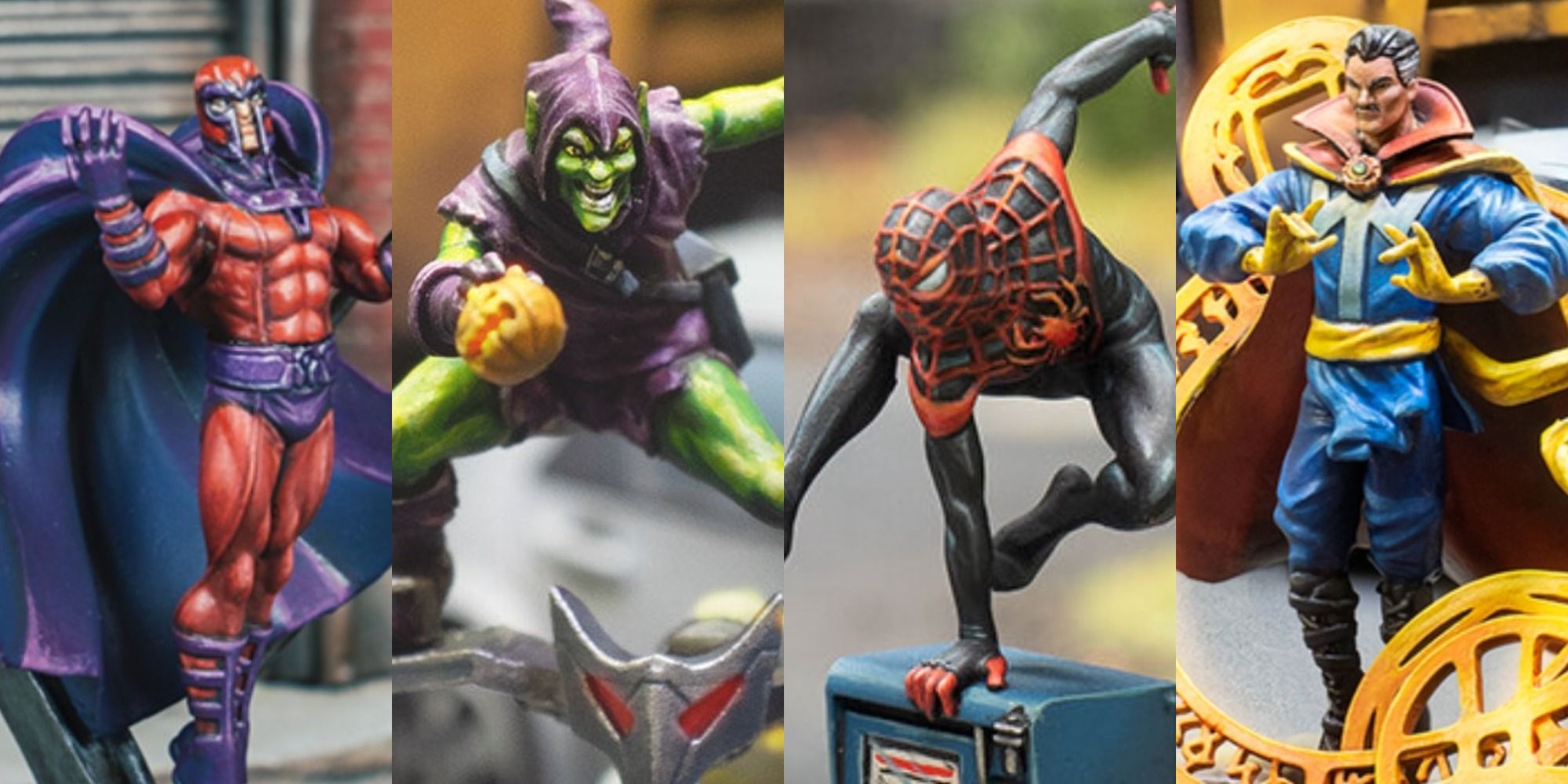 A split image of Magneto, Green Goblin, Miles Morales, and Dr Strange in Marvel Crisis Protocol