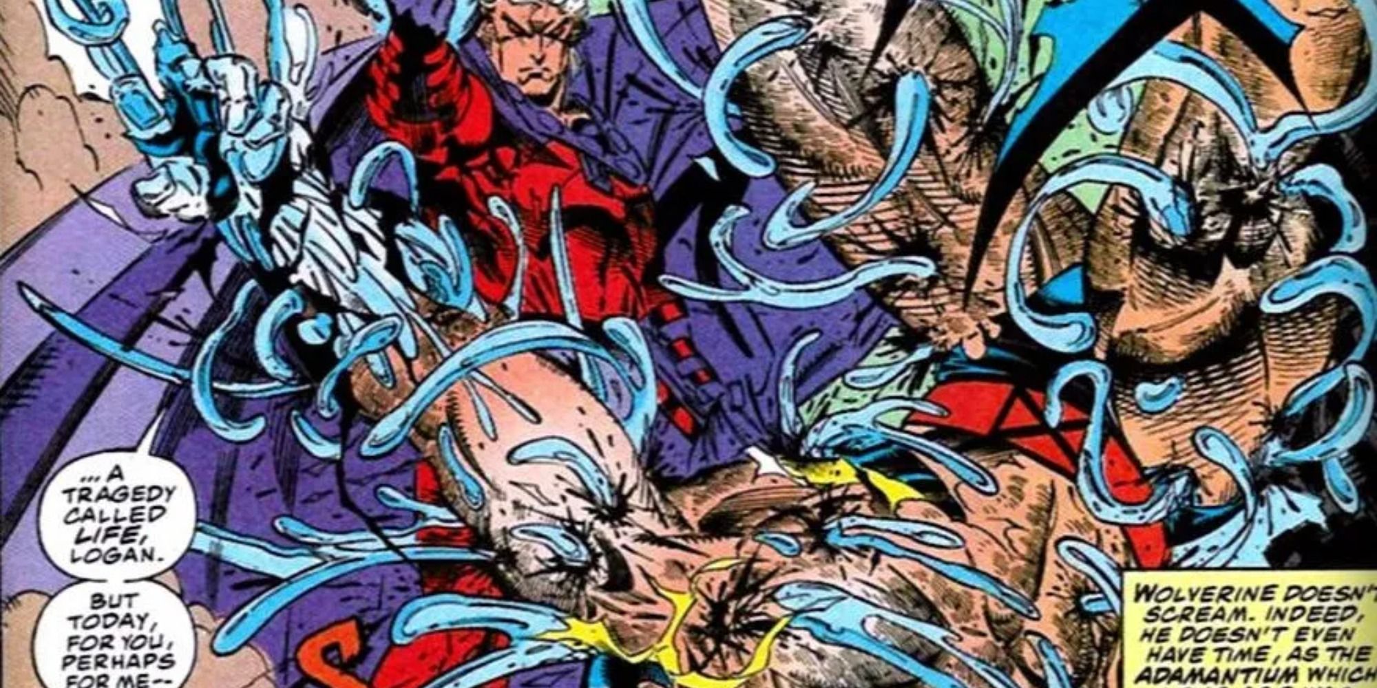 Magneto rips the adamantium out of Wolverines body in Marvel Comics.