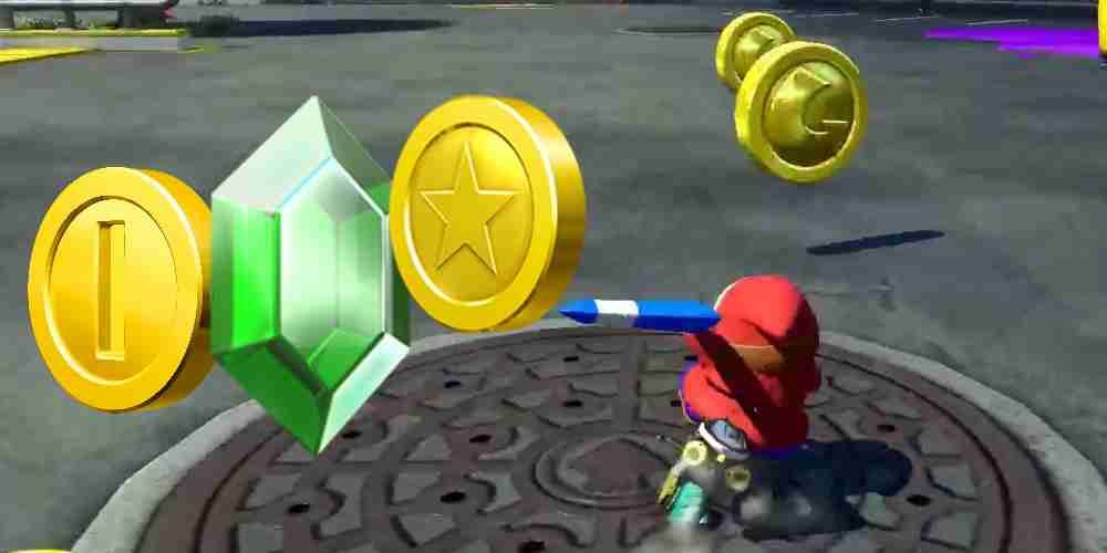 Coins, Rupees, Cash, and Bells are grabbed by Shy Guy in Mario Kart.