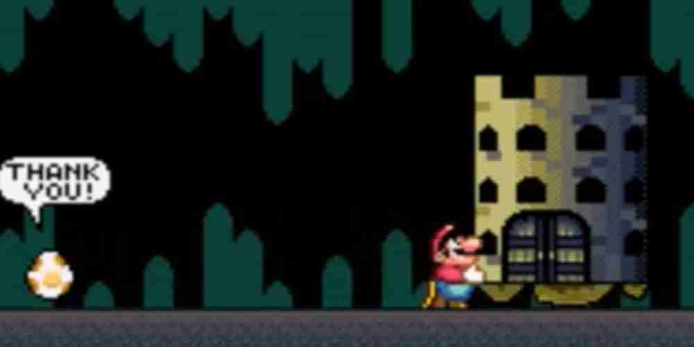 Mario lifts and punts a castle in Super Mario World.