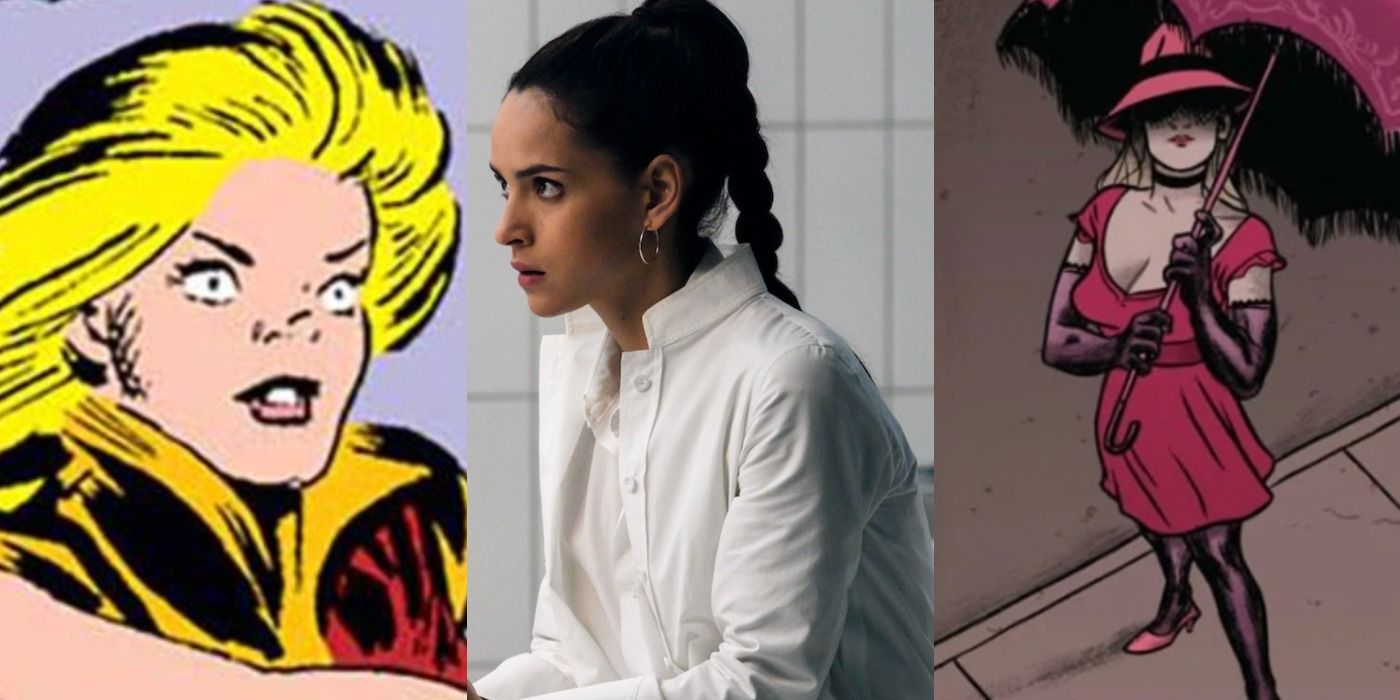 A split image features the original depiction of Martine Bancroft in Marvel Comics, Adria Arjona as Martine in Sony's Morbius movie, and the modern Martine in Marvel Comics