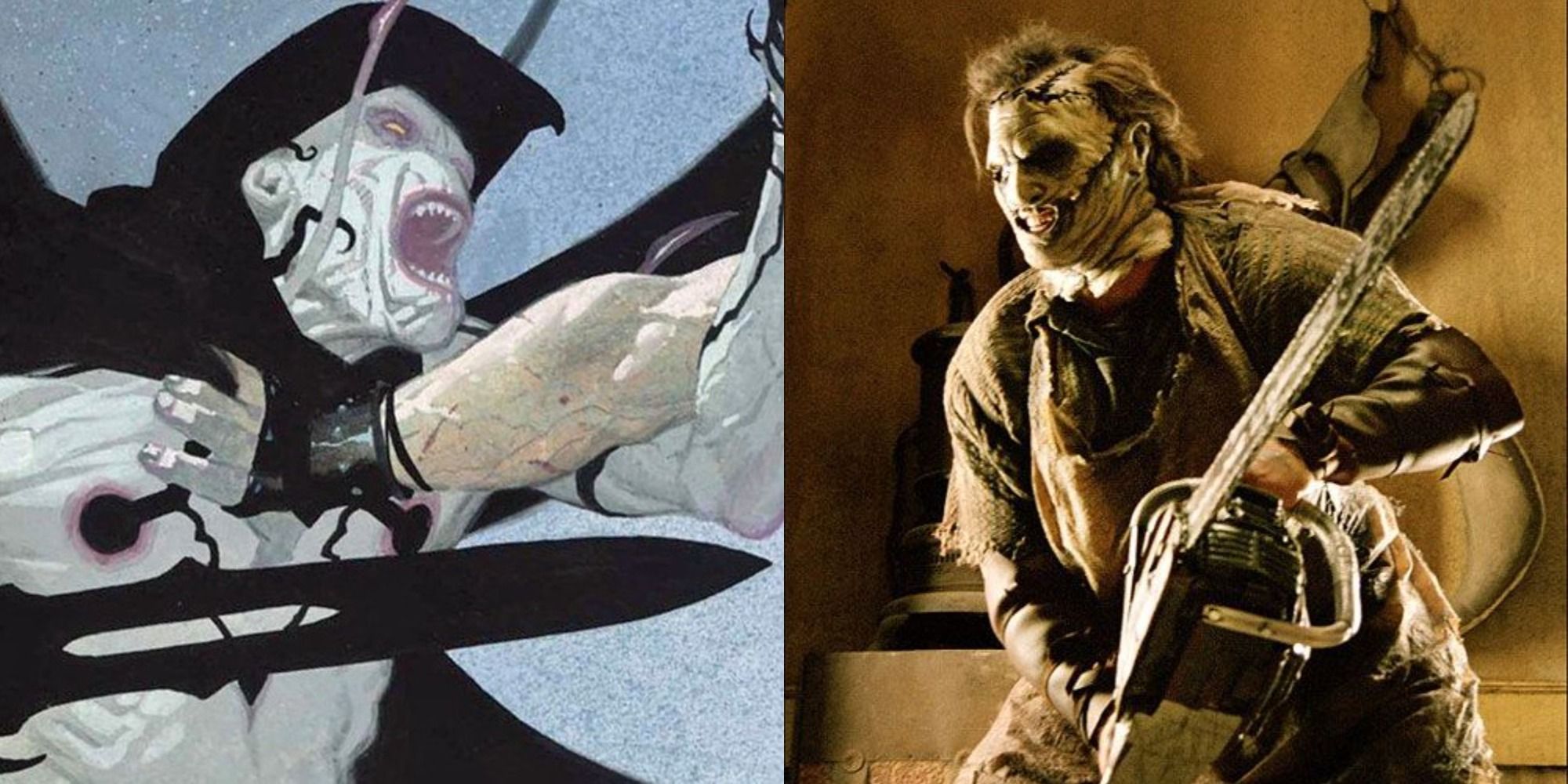 Split image showing Gorr the God Butcher and Leatherface.