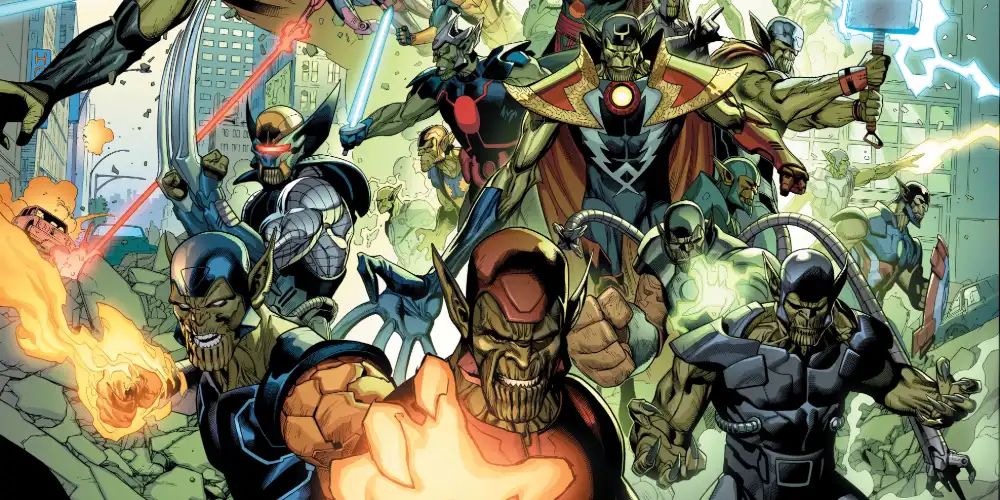 Marvel Skrulls dressed as heroes, readying for a fight in Marvel comics