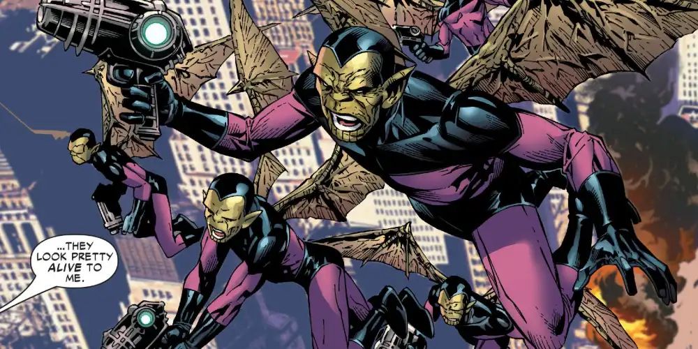 An army of Marvel Skrulls flying with wings and guns