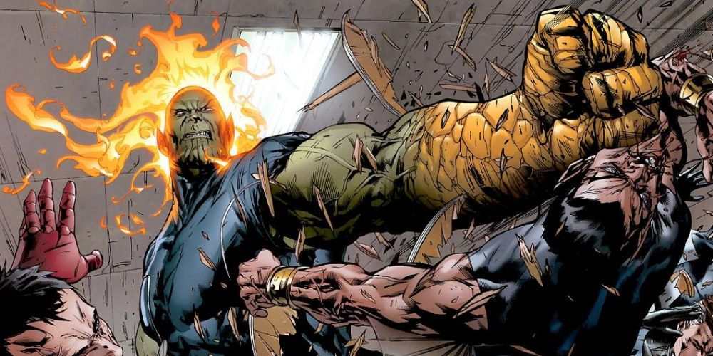 Marvel's Kl'rt the Super Skrull, his head aflame and with a fist made of rock striking someone in Marvel comics