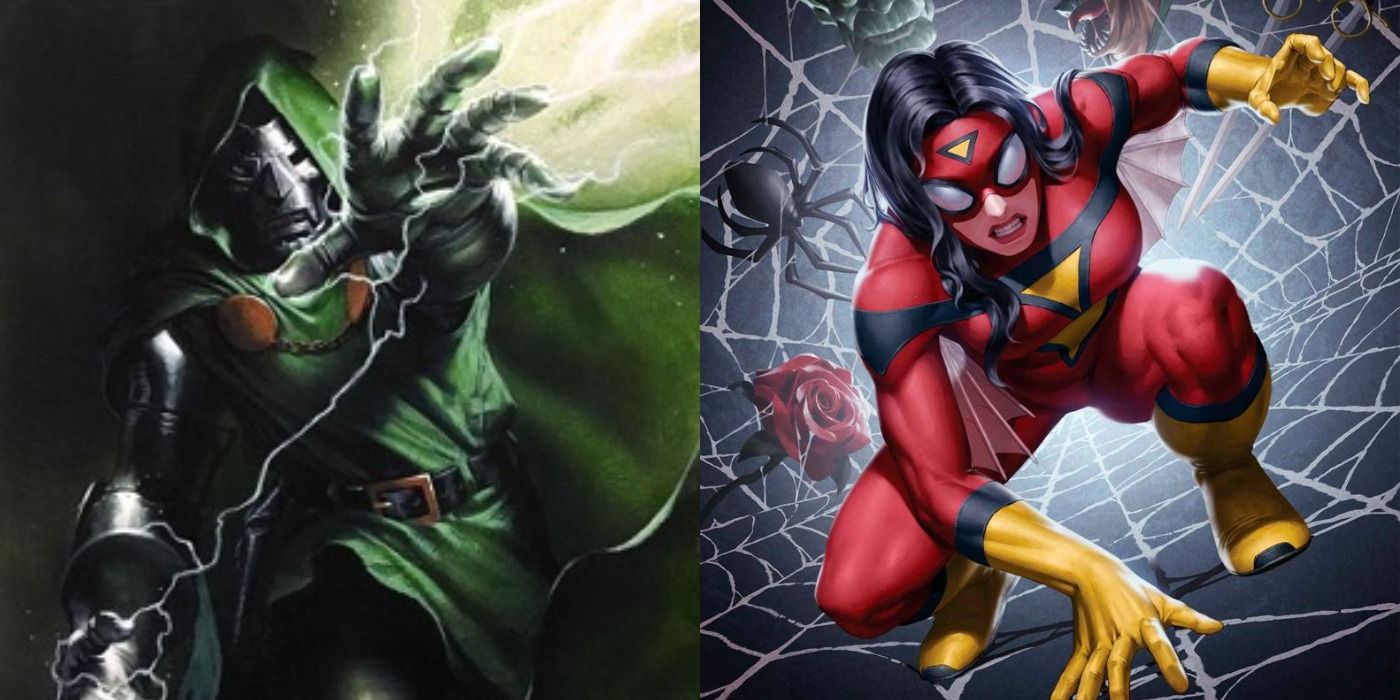 Split image showing Dr Doom and Spider-Woman