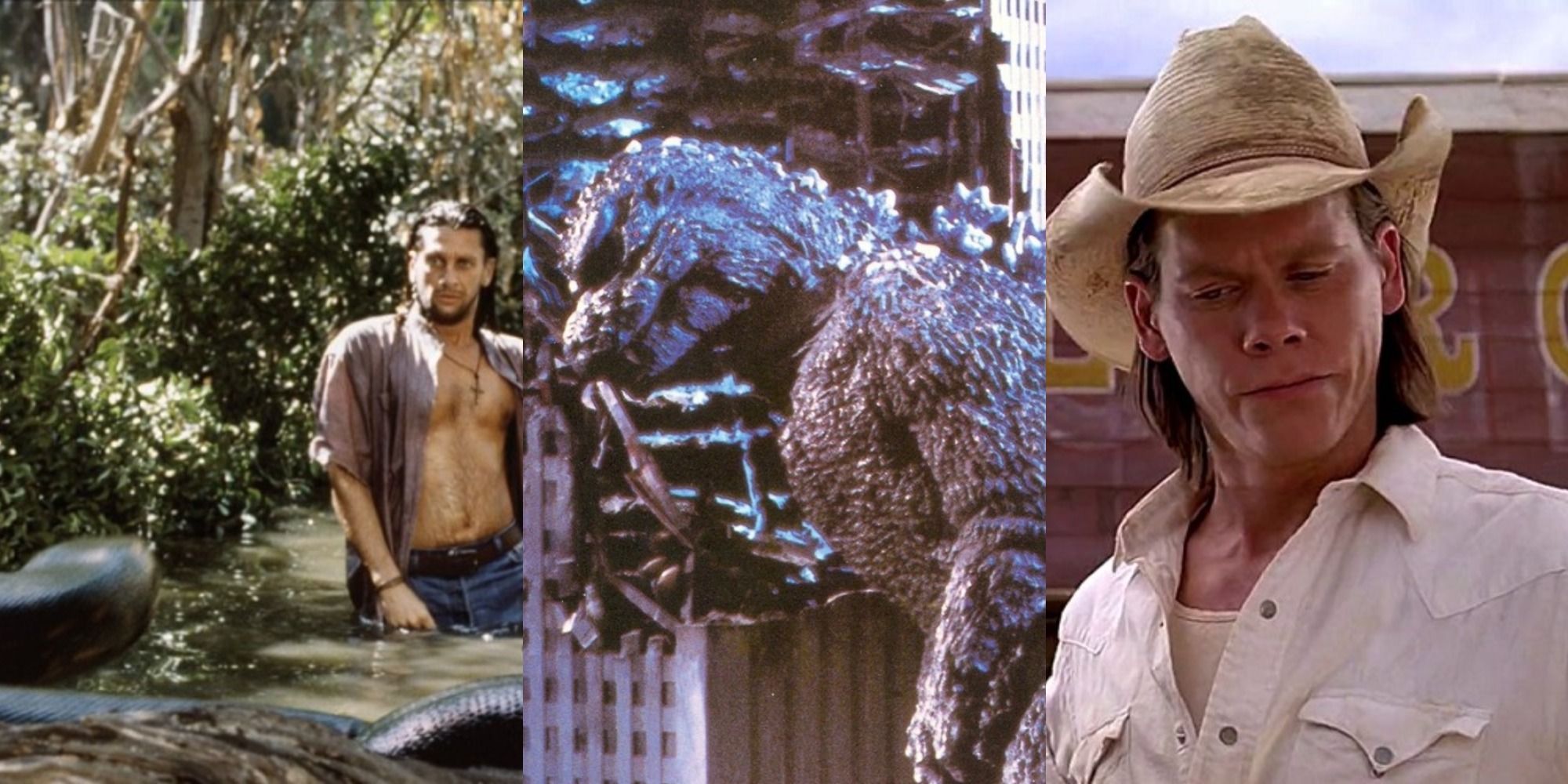 Mateo in Anaconda, Kevin Bacon in Tremors, and Godzilla against a building