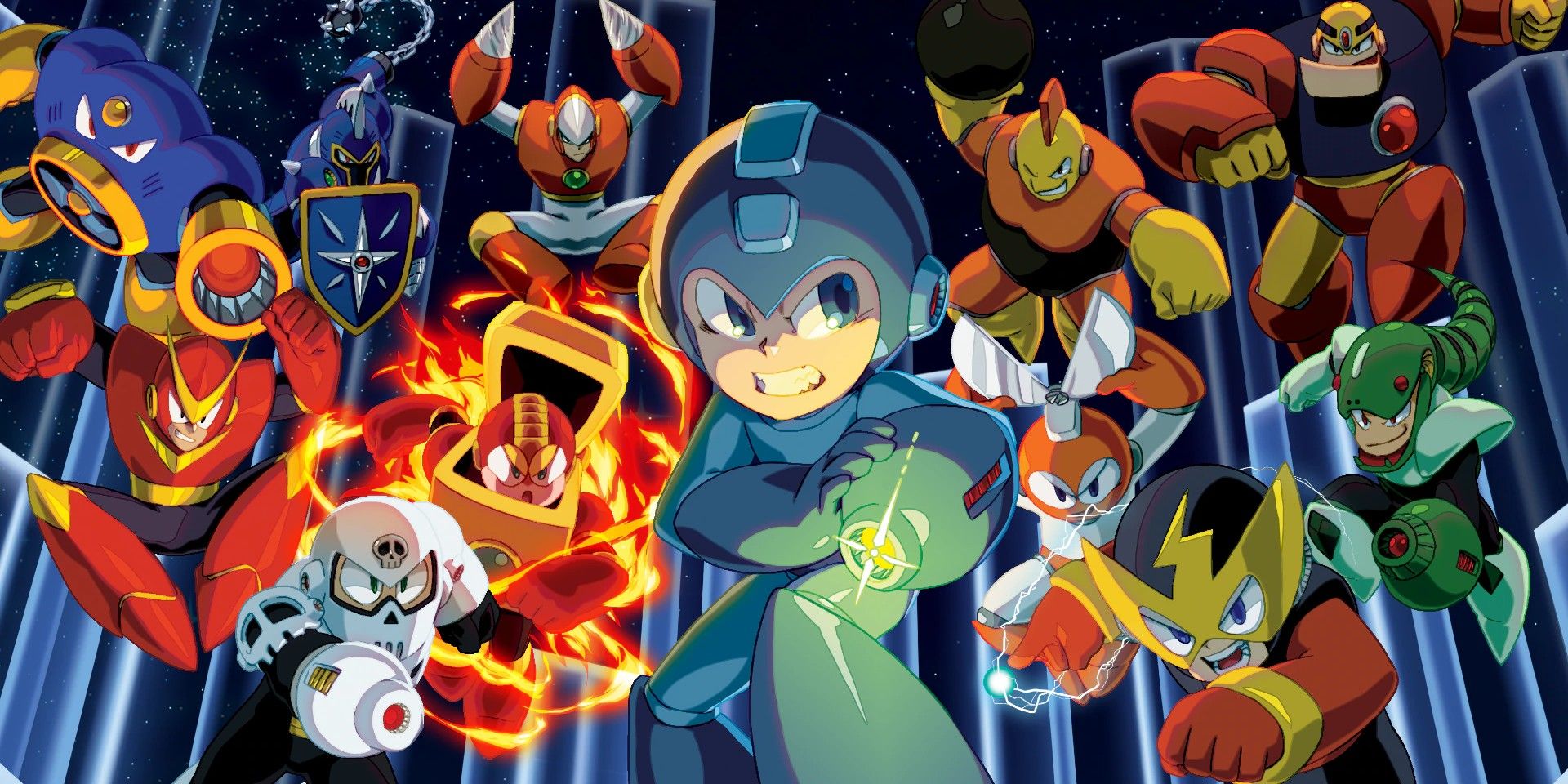 Mega Man surrounded by classic bosses