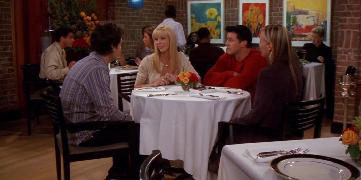Mike Phoebe Joey and Mary-Ellen Jenkins sitting in a restaurant in Friends
