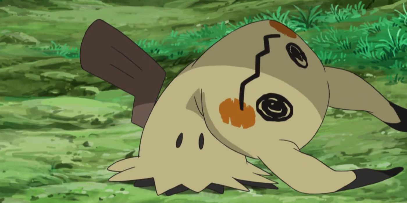 Mimikyu with its costume down in the Pokémon anime.