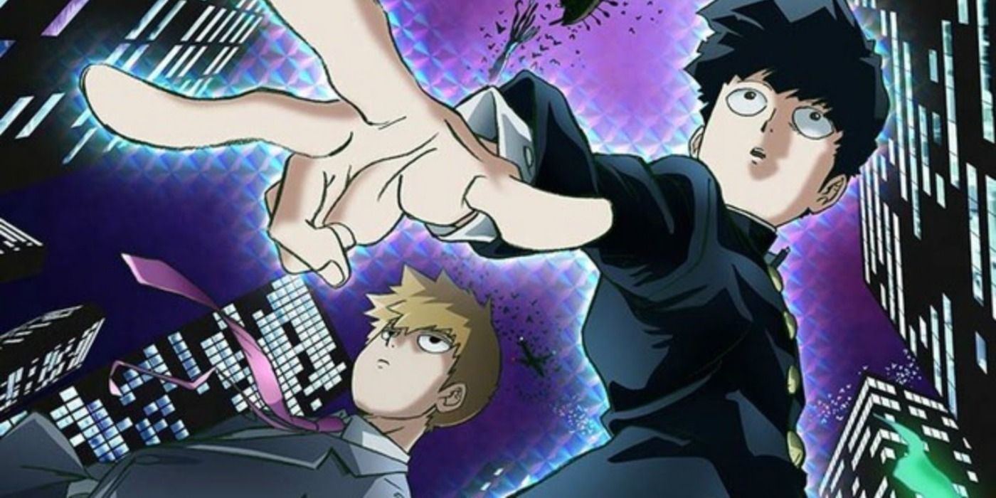Mob Psycho 100 promo art featuring Mob using his psychic powers and Reigen next to him