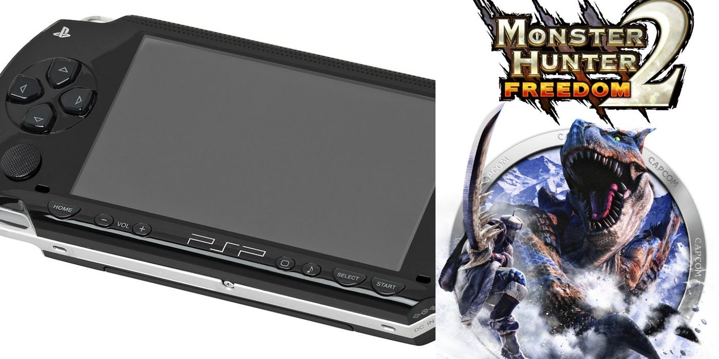 A split image showing a PlayStation Portable on the left and the cover for Monster Hunter on the right.