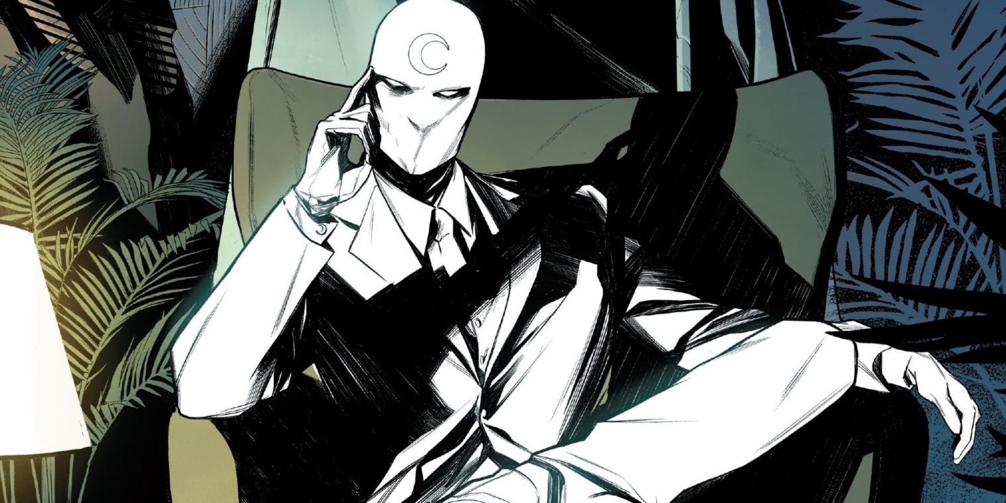 Mr. Knight sits in a chair in the Moon Knight comics.