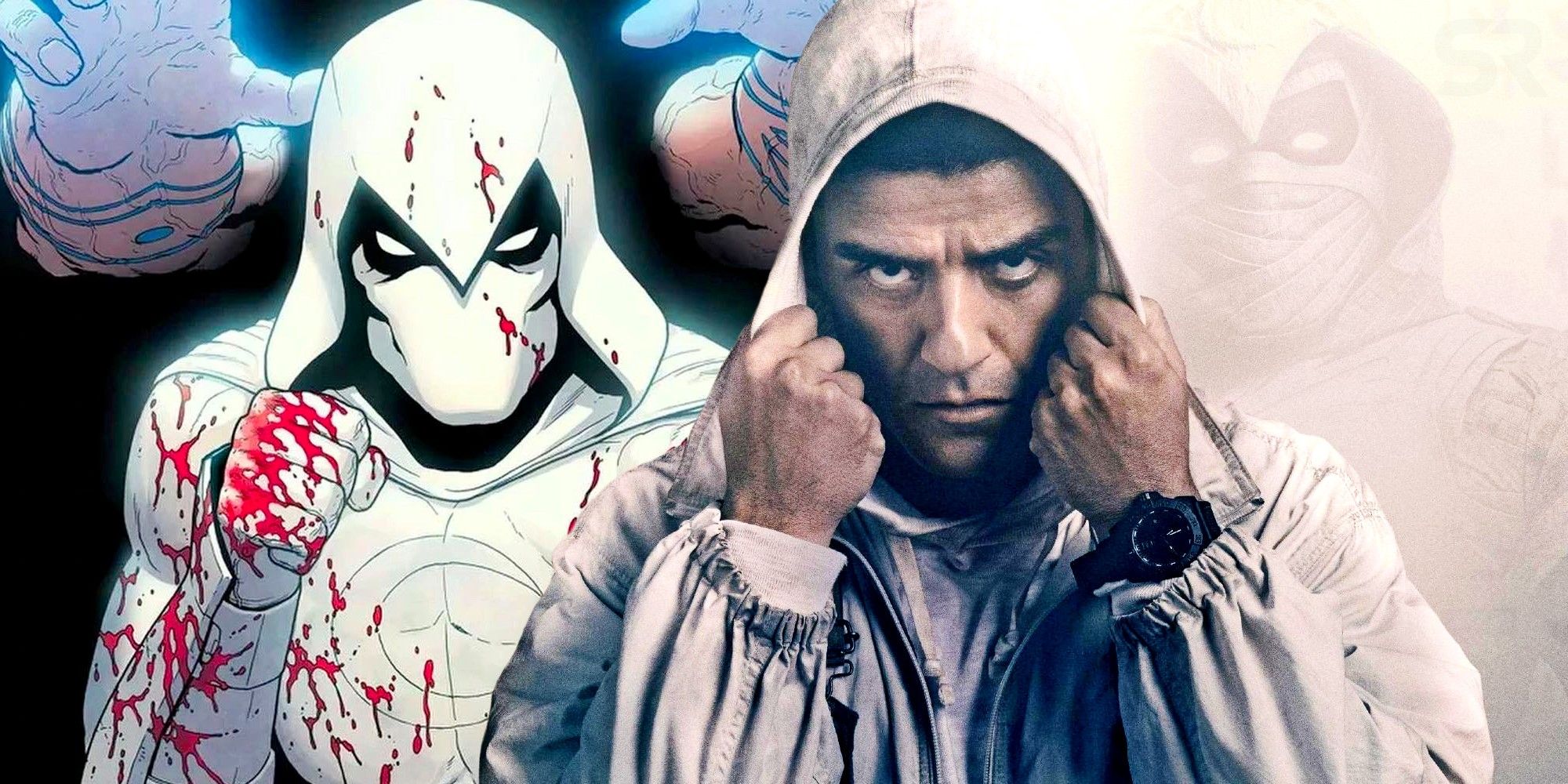 A split image of Jake Lockley in Moon Knight promotional material and Moon Knight in a Marvel comic