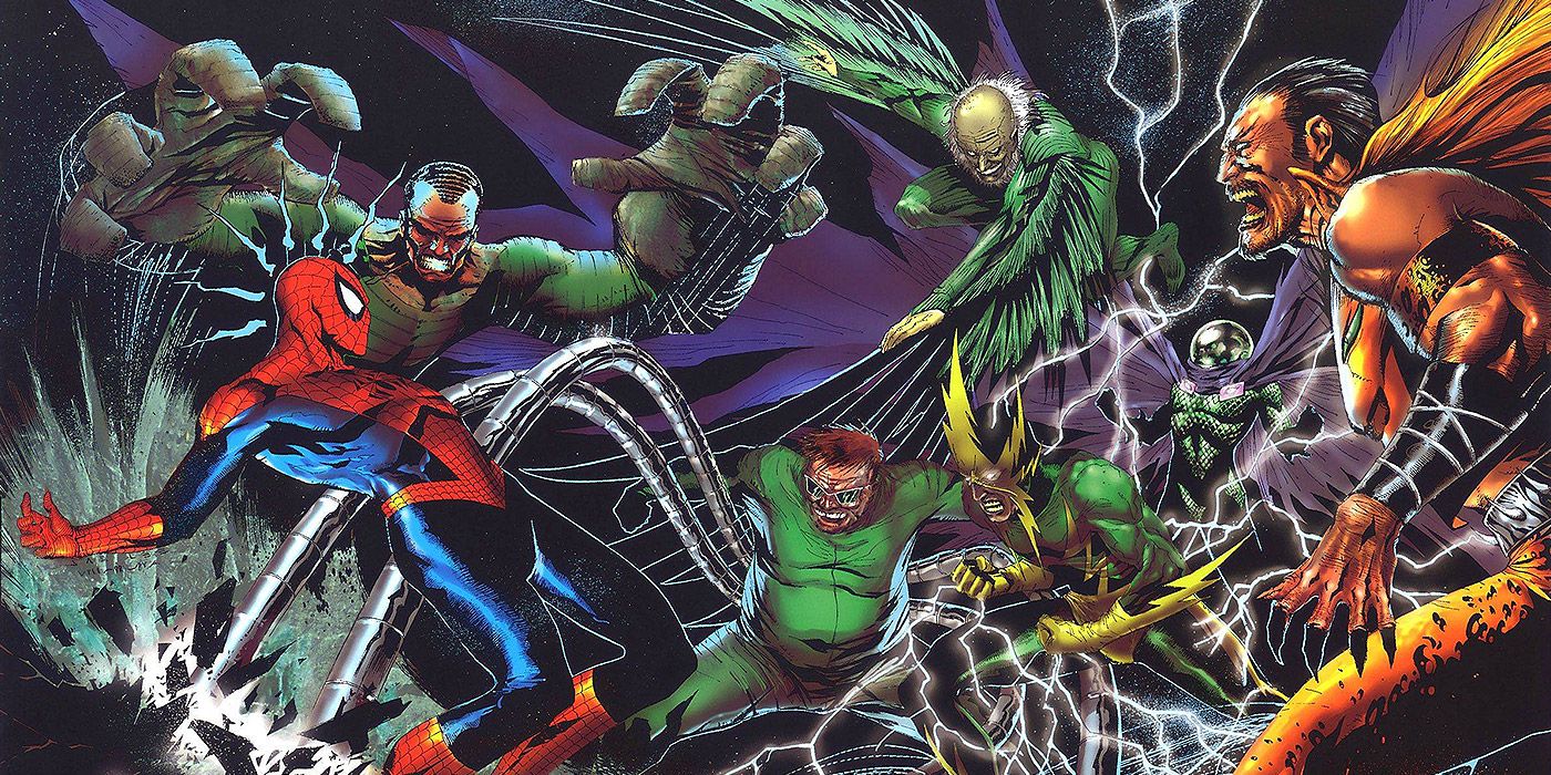 A comic book depiction of the Sinister Six fighting Spider-Man