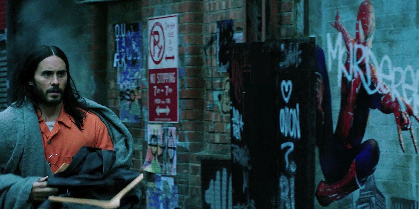 Morbius passes by a painting of Spider-Man