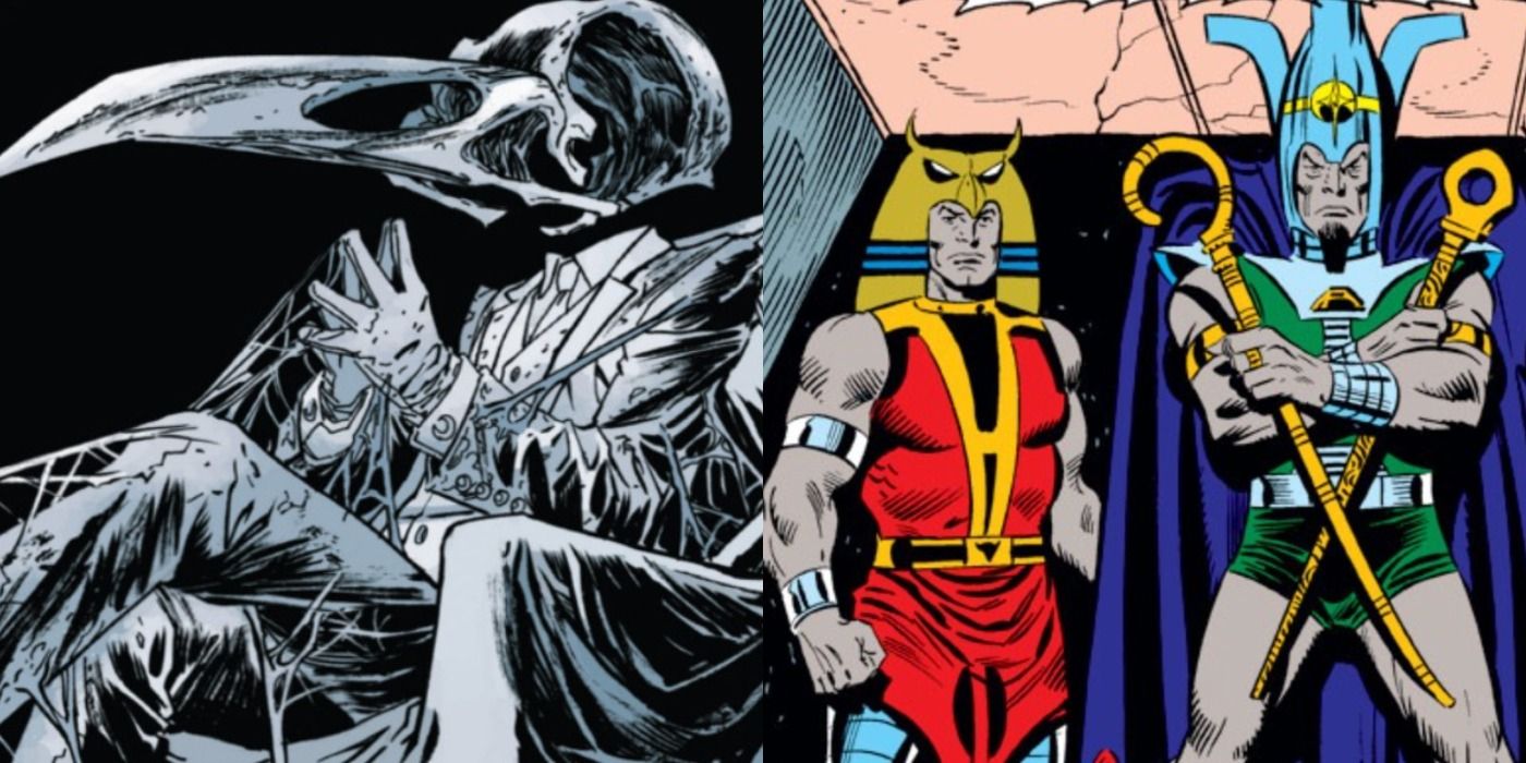 Split image of Khonshu and Osiris and Horus from Marvel Comics.