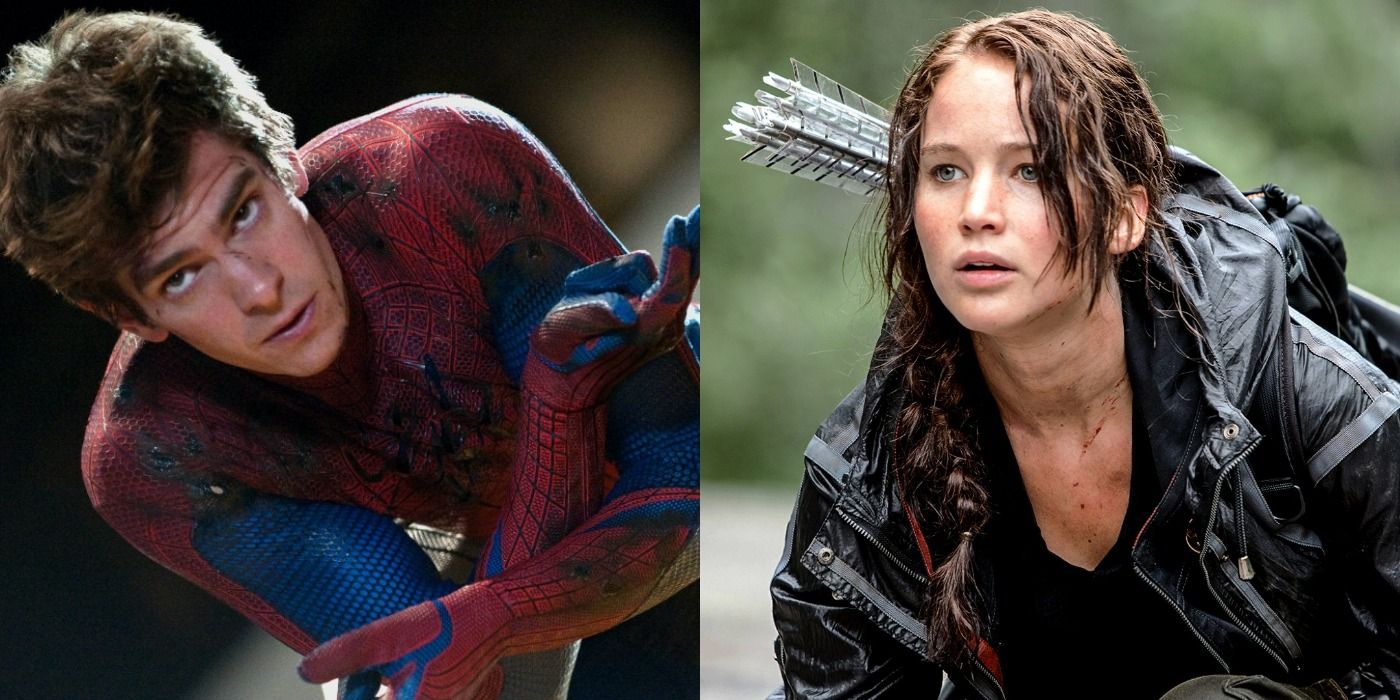 A split image showing Andrew Garfield as Spider-Man on the left and Jennifer Lawrence as Katniss Everdeen on the right.