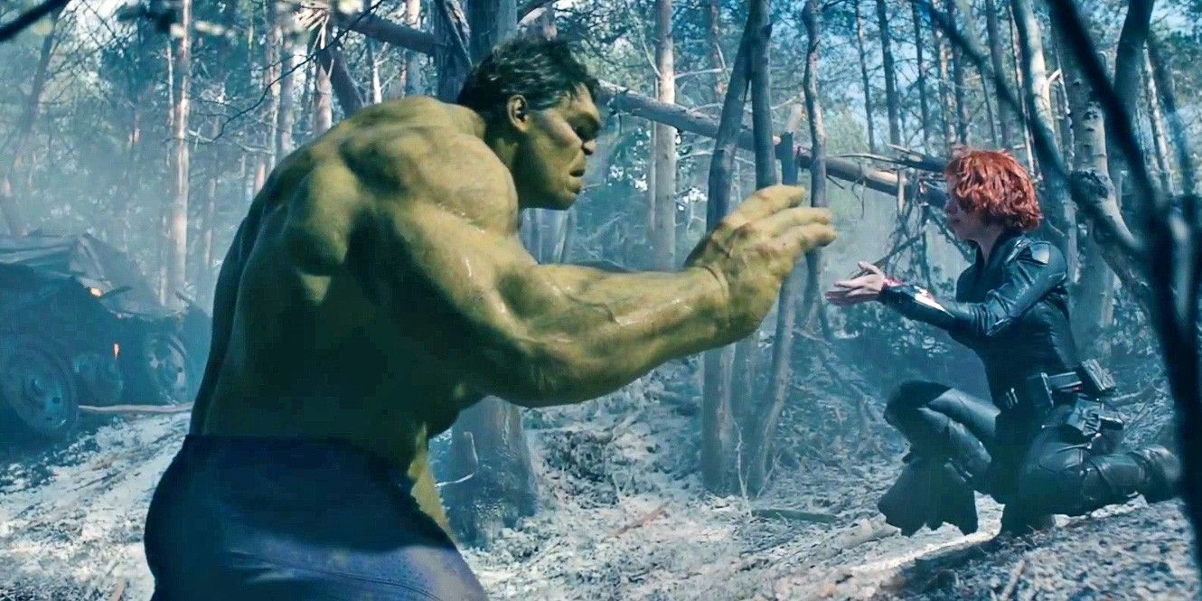 Natasha and The Hulk reach out their hands in Age of Ultron