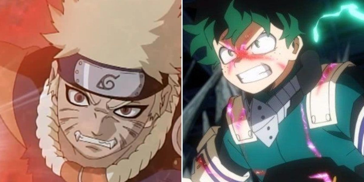 Split image of nine tails chakara Naruto and 100% Midorya.