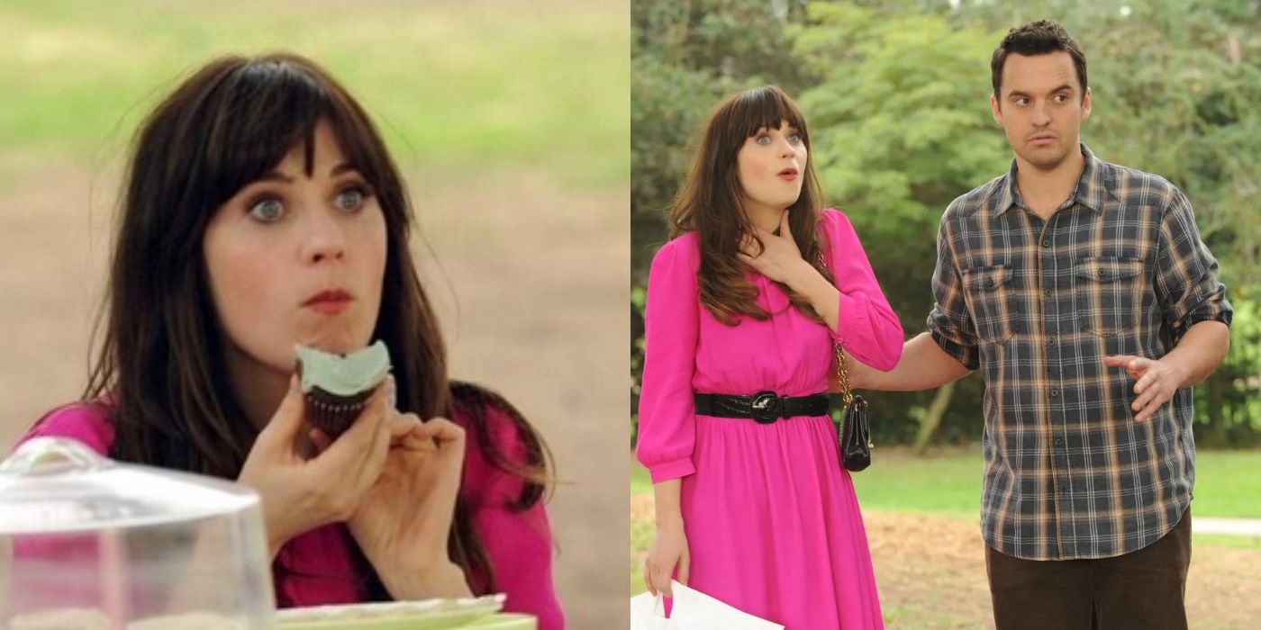 Split image of Jess holding cake and Jess and Nick looking surprised on New Girl
