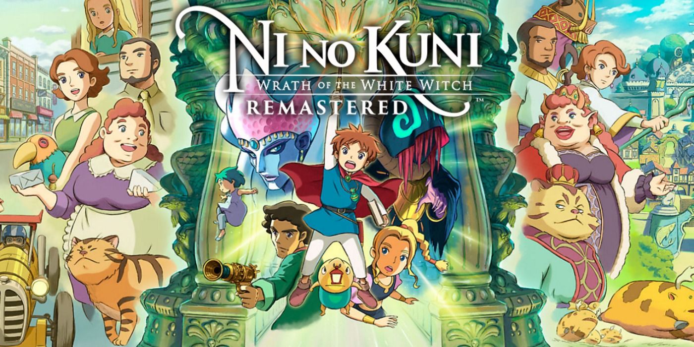Oliver raising his sword with the rest of the Ni No Kuni cast of characters