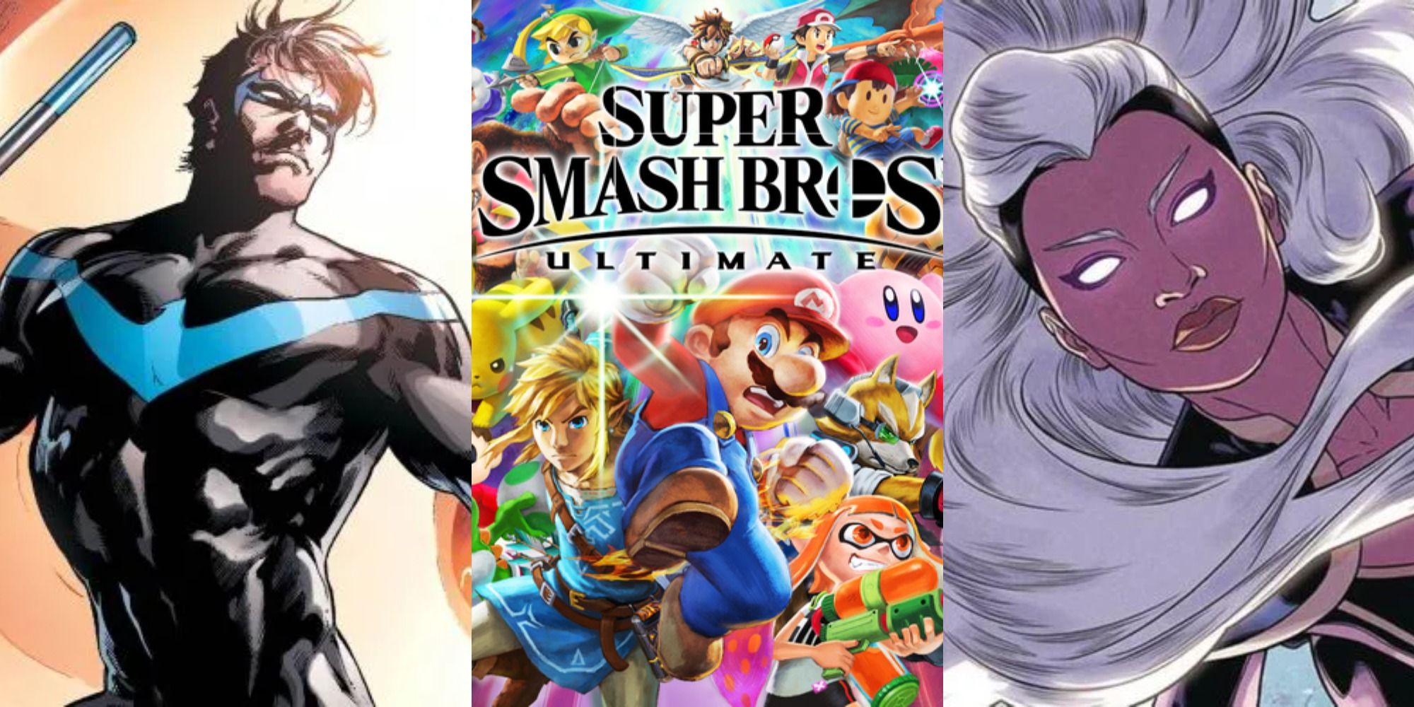 Split image showing Nightwing, the cover of SSBU, and Storm.