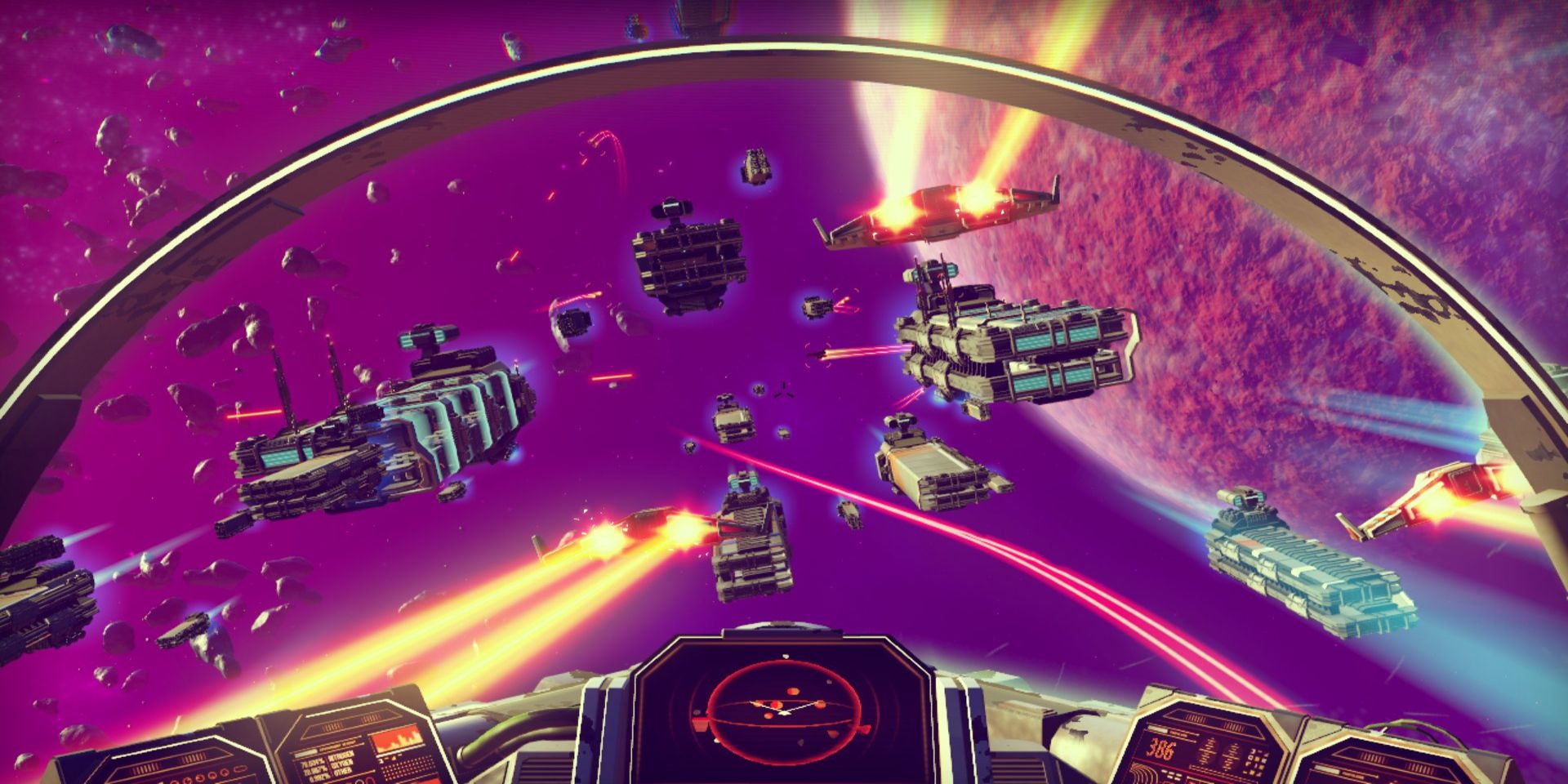 A space battle taking place in the 2016 video game No Man's Sky.