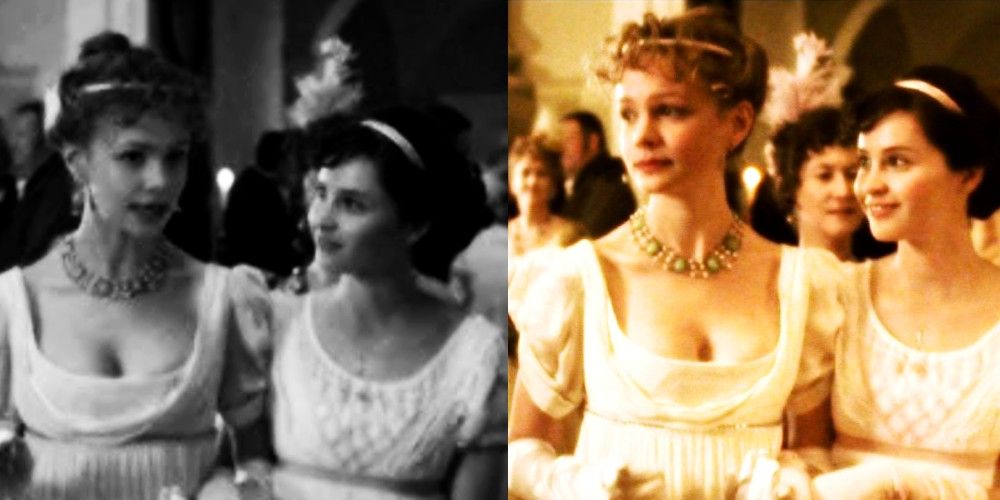 Felicity Jones and Carey Mulligan in Northanger Abbey gossip at a ball.